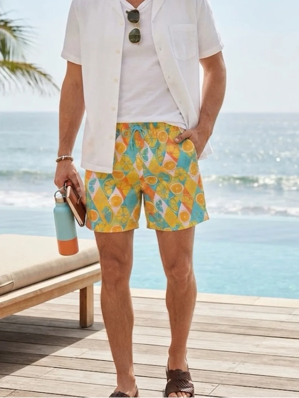 Men’s Whimsical Citrus-Print Swim Shorts in Yellow, Teal & Orange